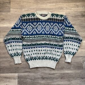 Vintage 90s Anchor Blue Fair Isle Nordic Eclectic Grandpa Knit Sweater Size M